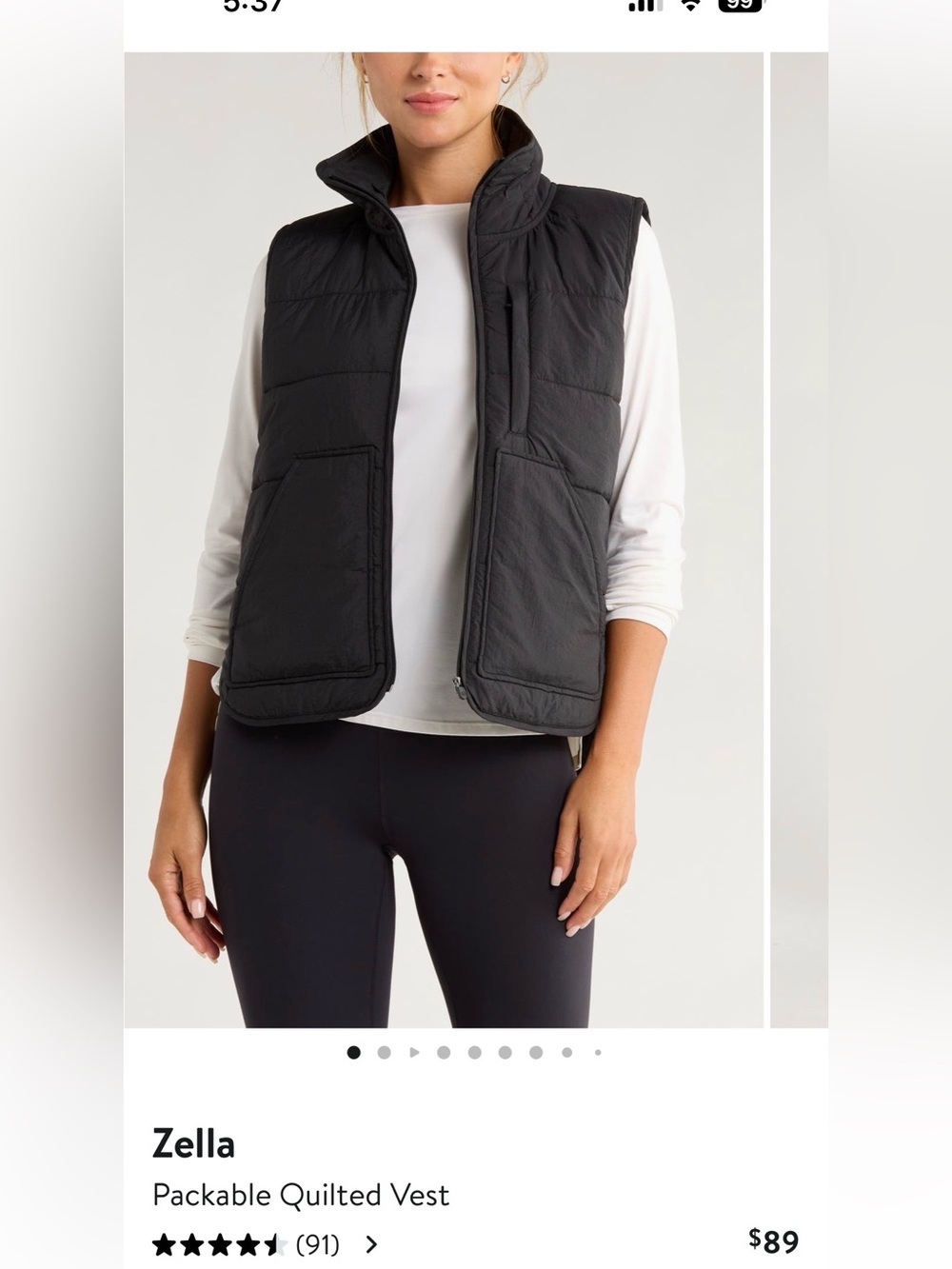 Zella Black Packable Quilted Vest